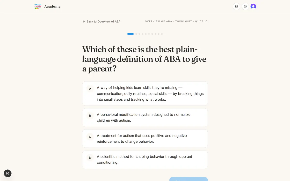 Topic quiz screen showing a multiple-choice question about defining ABA in plain language.